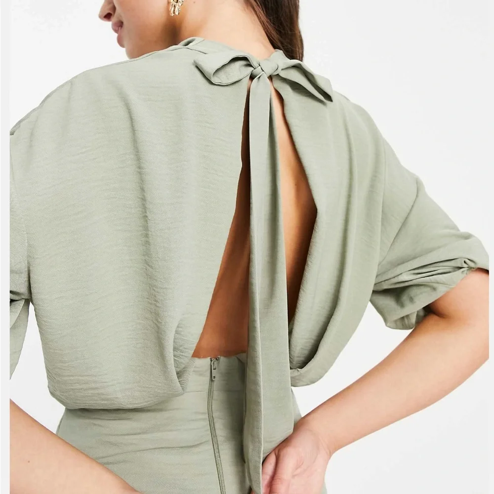 ASOS Cowl Neck Skate Midi Dress w/ Open Back - Sage Green - Size 4 - Picture 6 of 7